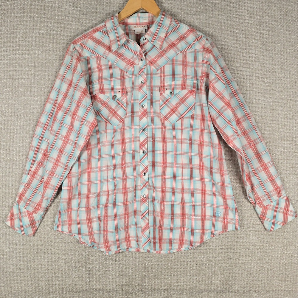Ariat Womens XL Red Blue Plaid Metallic Rhinestone Embroidered Western Shirt